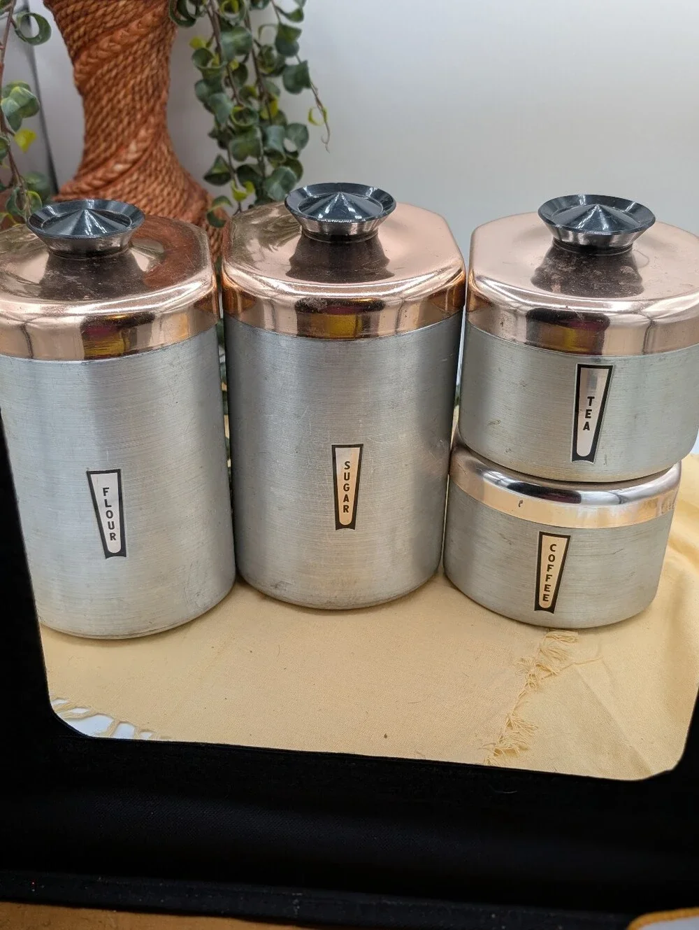 Vintage MCM Aluminum Canister Set Copper Lids Flour Sugar‎ Coffee Tea With Scoop